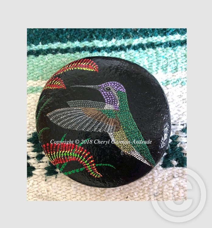 Costa's Hummingbird & Lucifer Crocosmia Dot Art River Stone