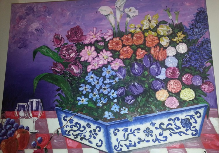 Chinese style flower urn and arrangement    