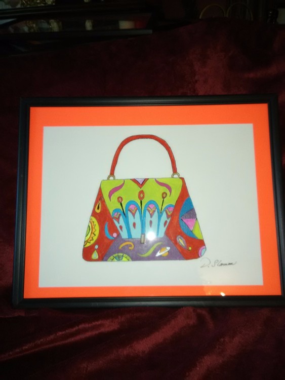 watercolor/ink drawing of an ART-DECO HANDBAG 