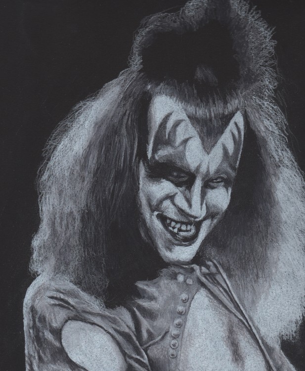 Gene Simmons  - SNEER - White Charcoal on Black Paper by Dean Huck