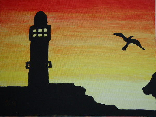 Silouette of Lighthouse in Sunset with bird flying