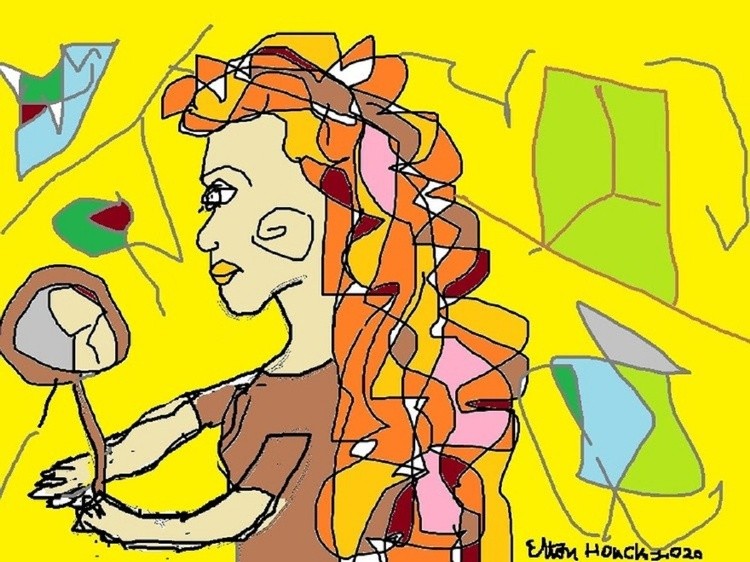 2 minute art-- Mitilda admires her 25 pounds of hair,,,(c) 2020..elton houck..digital tomfoolery art