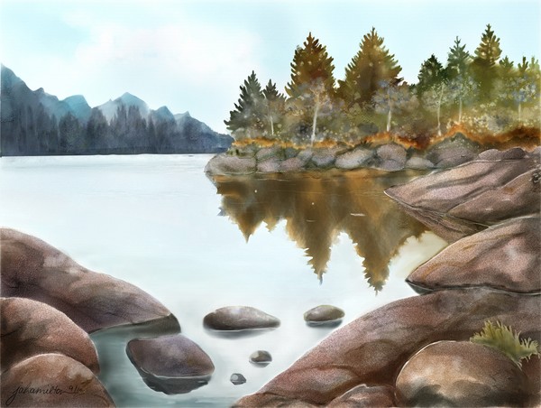 Early Morning On the Rocks a digital watercolour p