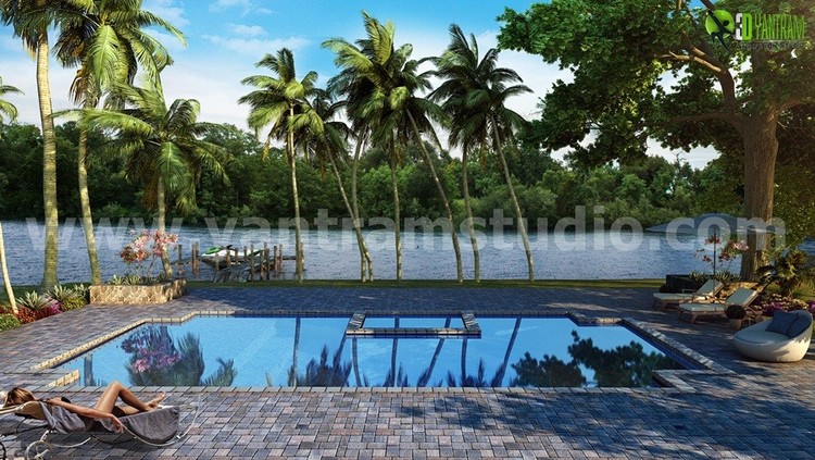 3D Exterior Home with Pool and River