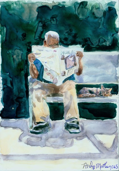Man on Park Bench - varnished WC on Yupo