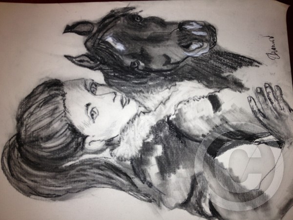Charcoal drawing girl and horse