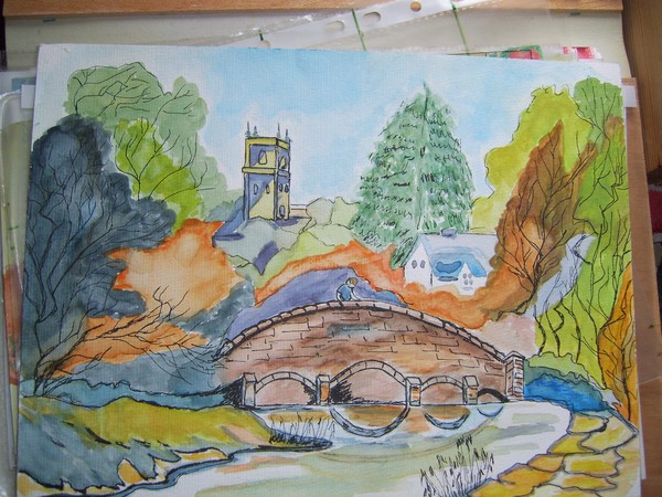 Watercolour Bridge Scene