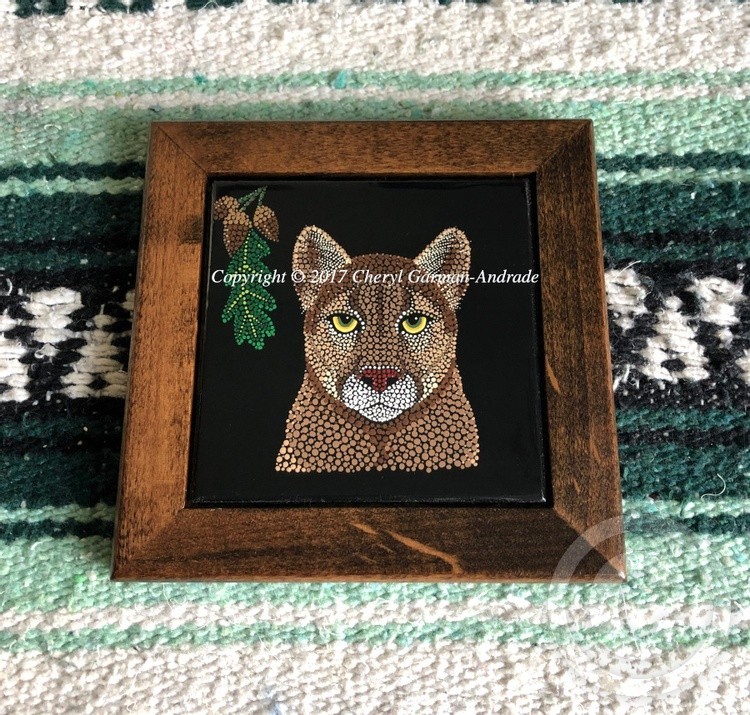 Mountain Lion & Oak Sprig Dot Art Ceramic Tile