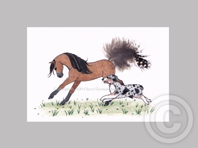 Bay Horse & Australian Shepherd Whimsical Illustration
