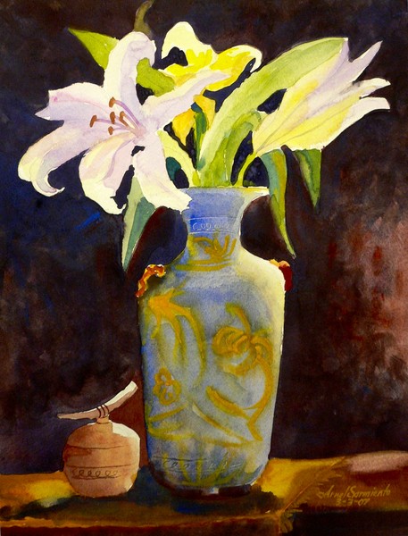 ORIGINAL WATERCOLOR FLOWER BLUE VASE