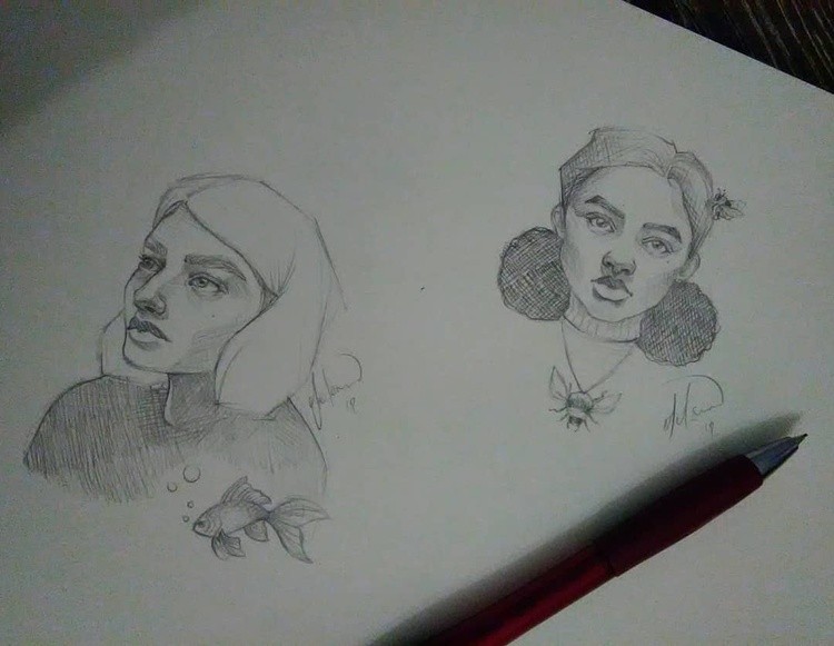 Look at these cute babes portraitsketchgirlsbeefishgoldfishbumblebeeartartworkwipdrawinggraphitedraw