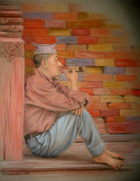 Smoking a pipe.