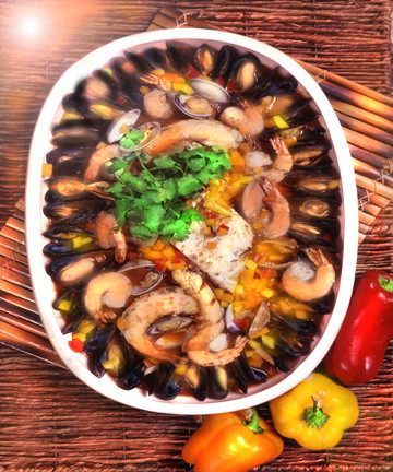 Mexican Paella with cilantro shrimp broth