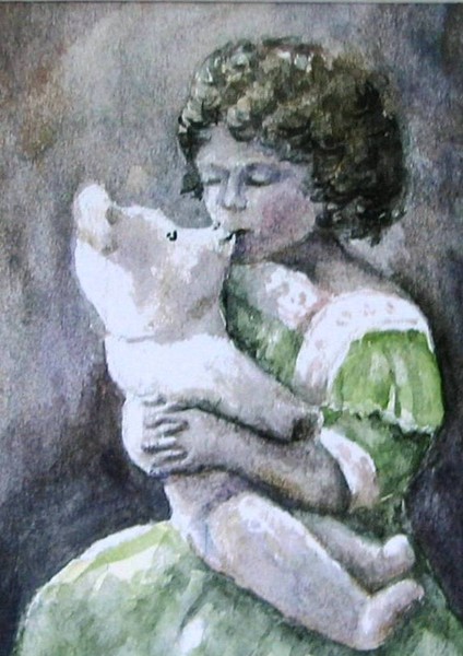 Girl and Teddy Bear aceo watercolor