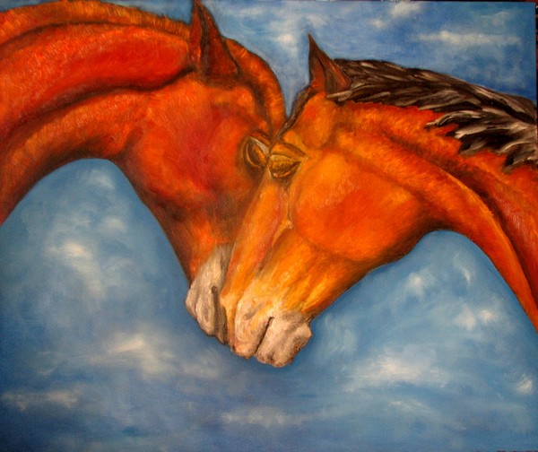 Horses in love.Oil painting