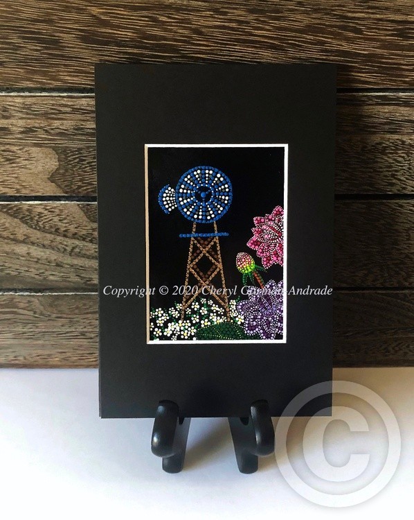 Windmill & Dahlias Dot Art ACEO
