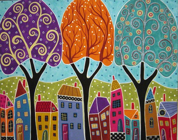 Houses Trees Folk Art Abstract