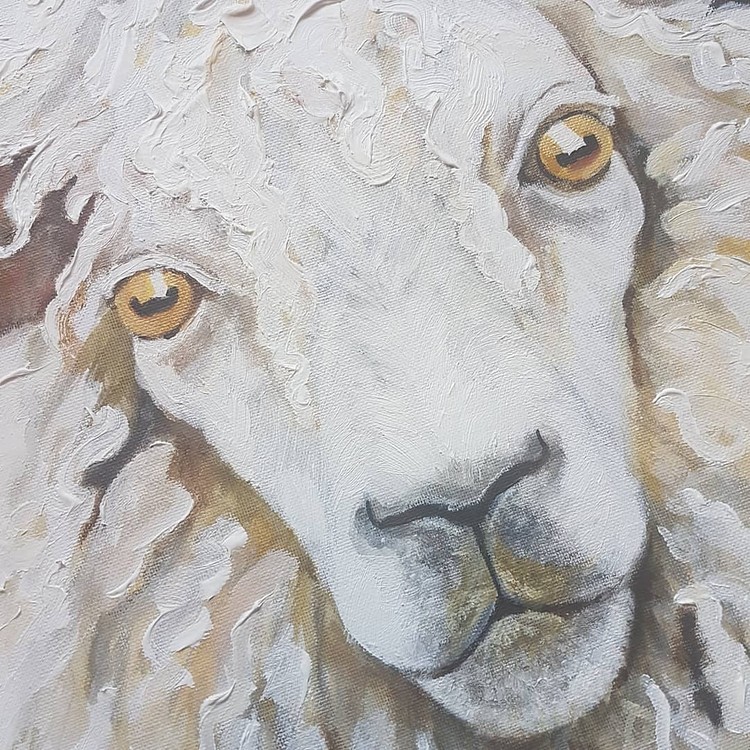 white woolly sheep in acrylics on large canvas 2019 (angle 2)