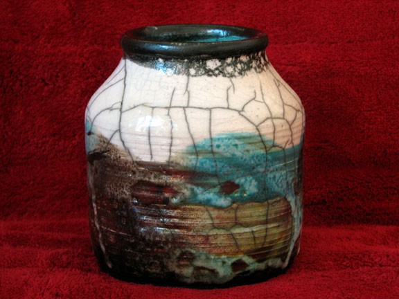 White Cracked Sky Raku Pot