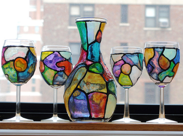 Funky Organic Stained Glass Painted Wine Decanter & 2 glasses set - by  Diane G. Casey from Glass Show art exhibit