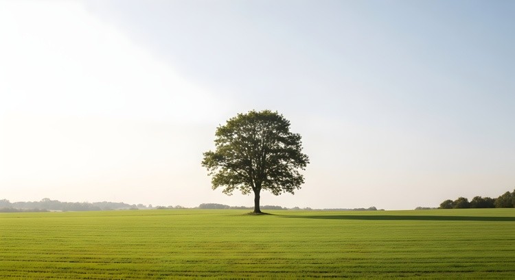 Solitary green tree stands prominently centered within a vast open agricultural field under a bright