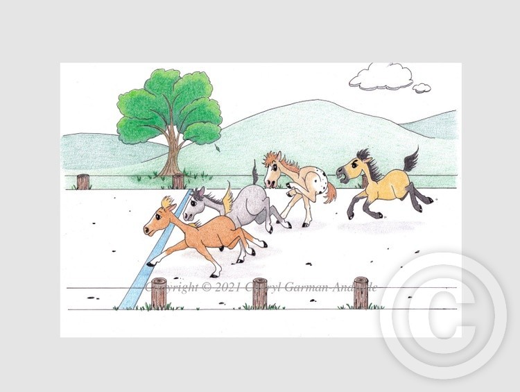 Whimsical Race Horses Illustration