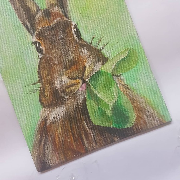 brown rabbit in acrylics on small canvas 2019 (angle 2)