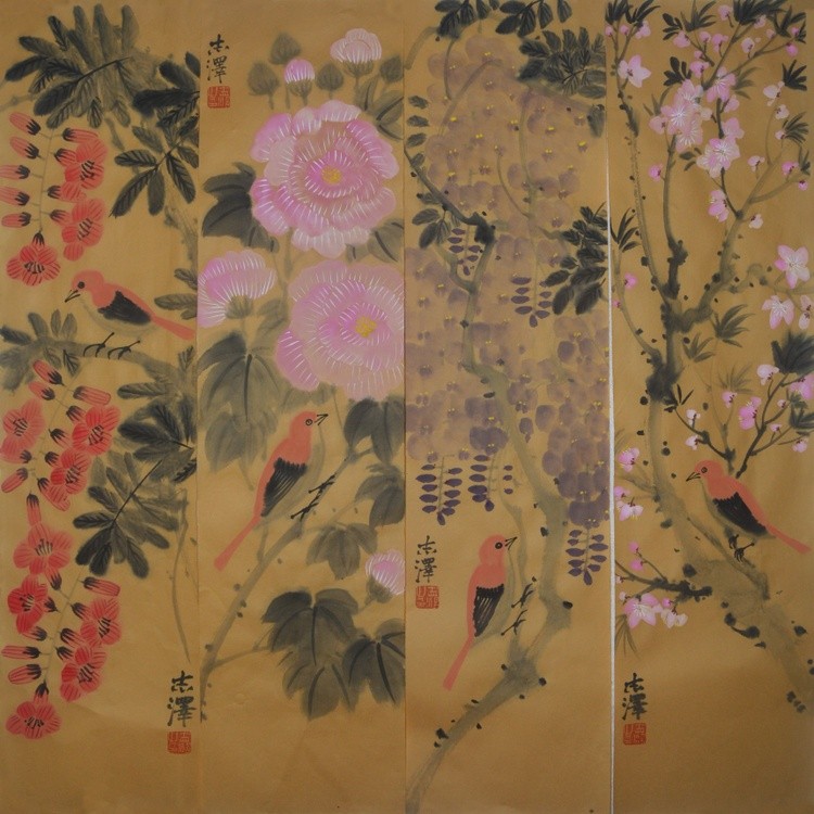 Four Screens of Flowers and Birds