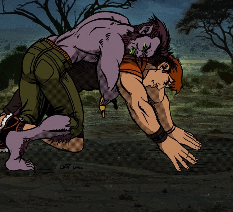 Wandering Koala wrestles a WereWolf in the Desert