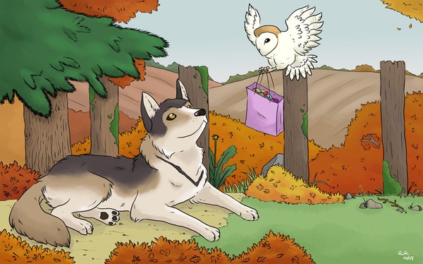 Autumnal Wolf and Owl