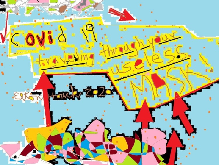 COVID 19 TRAVELING THROUGH AT LUNCH..(C) 2020 ELTON HOUCK...digital BOGUS FACE MASK art