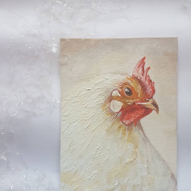 white chicken in acrylics on small canvas 2019 (angle 3)