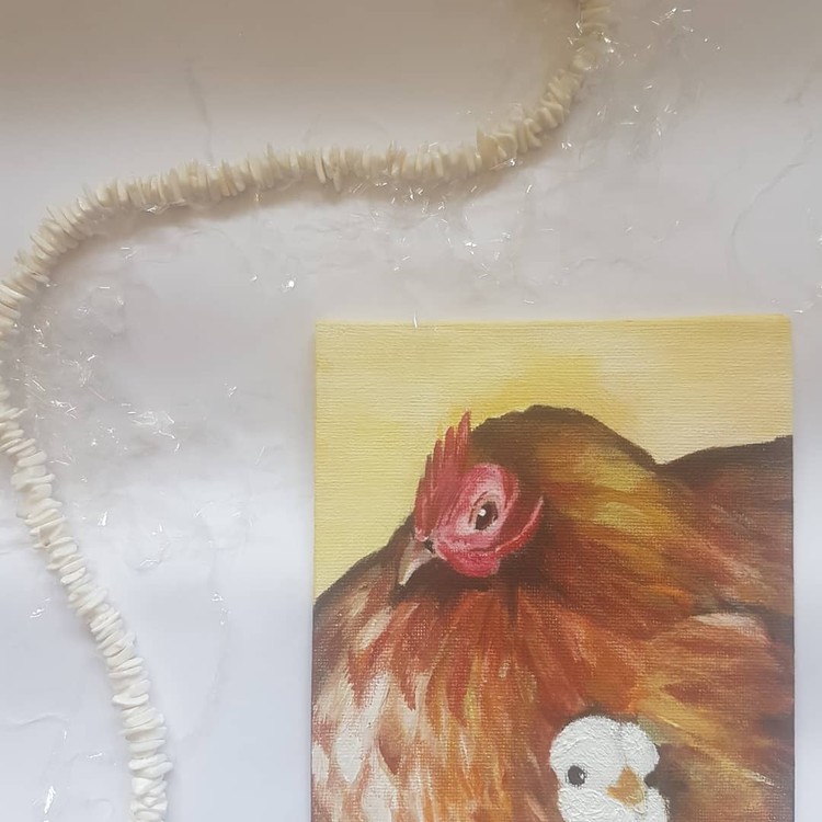 brown chicken mother hen with chick in acrylics on small A5 canvas board 2019 (final piece angle 3)