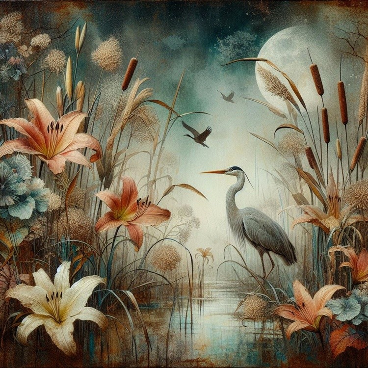 Sandhill Crane among Daylillies