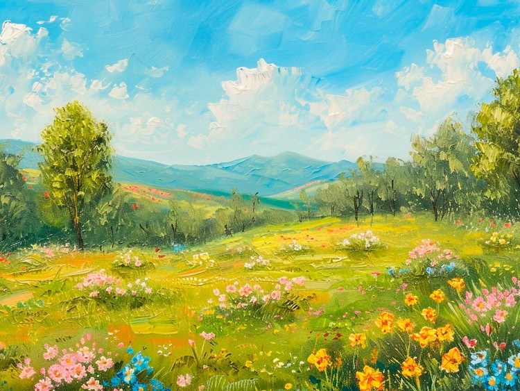 Spring Print, Flower Field Landscape Printable Art, Flower Meadow Oil Painting, Vintage Style decor