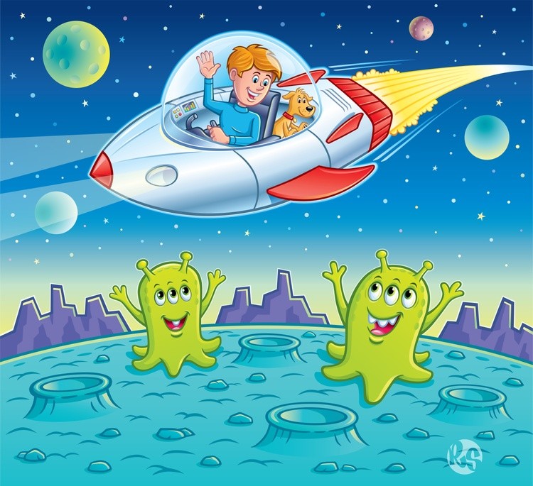 Space Kid Waving To Aliens On Planet