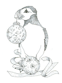 puffin with Christmas bulb