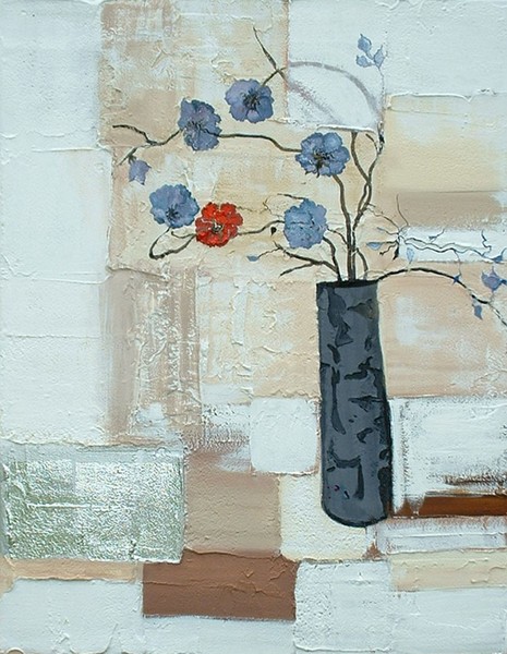 RED AND BLUE POPPIES IN A BLACK VASE