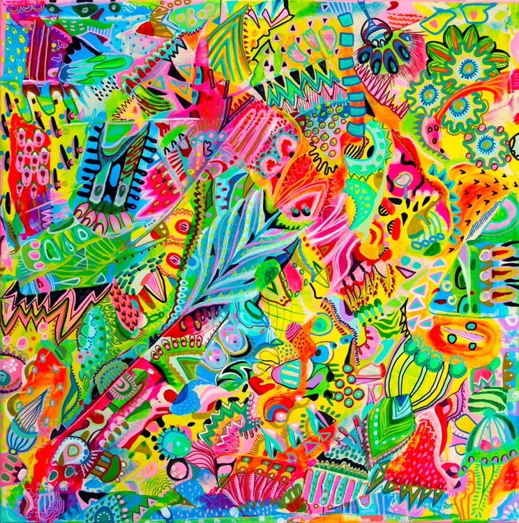 570. Happy Colorful Abstract Doodles: Vibrant Expressions on Canvas