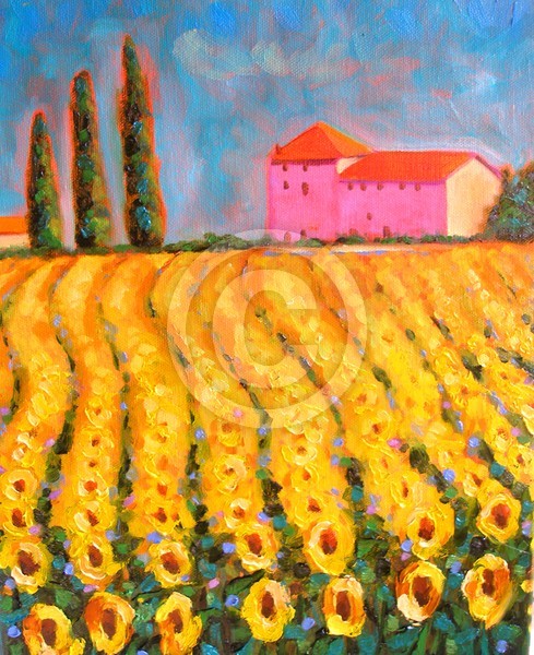 Cypress 'n Sunflowers At Valle De Lot, France