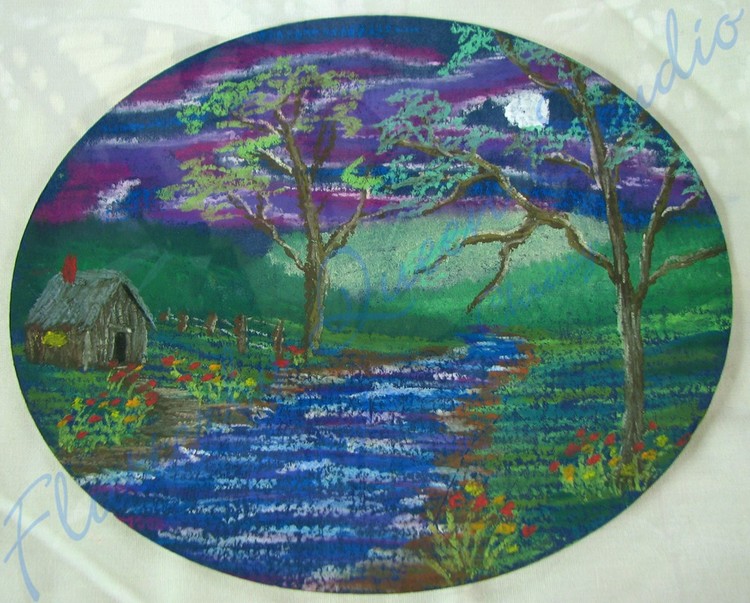 Oil pastel #24 moonlit mountain cabin