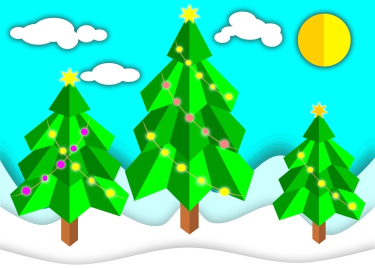 Winter landscape, paper art. Christmas trees made of paper with light bulbs on a sunny day