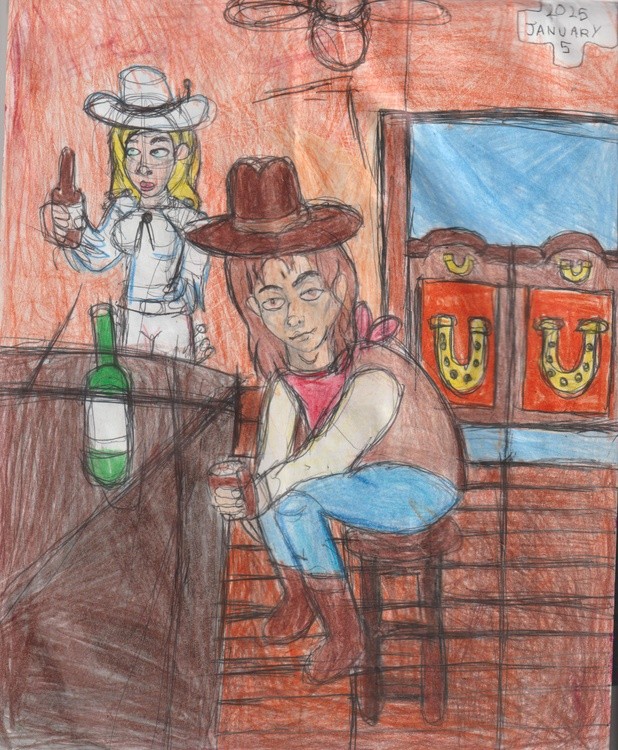 cowskullten Cooper getting drunk at crusty horseshoes' bar