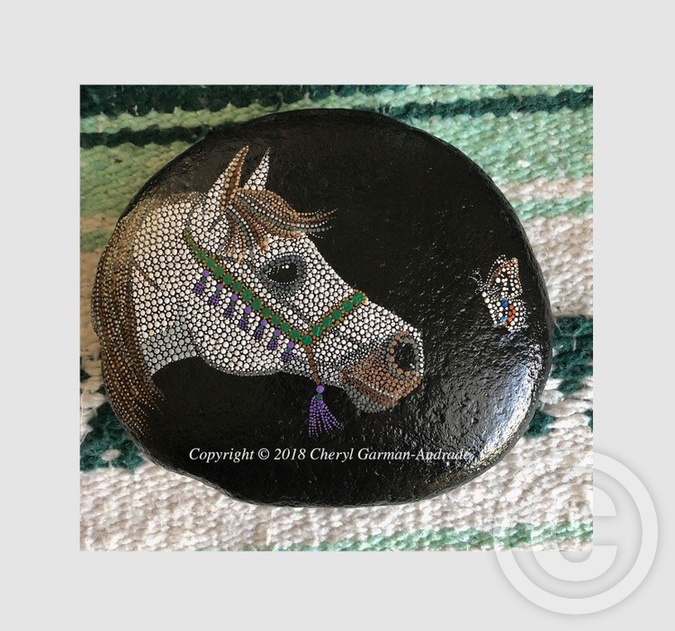 Arabian Horse and Desert Swallowtail Dot Art River Stone