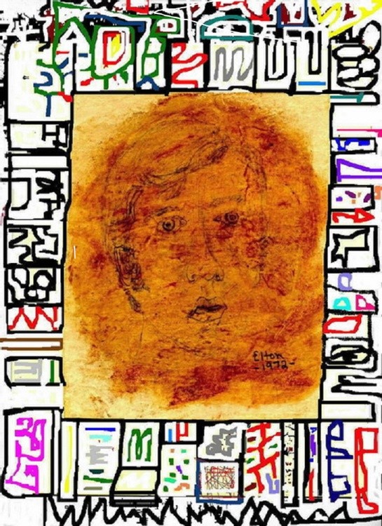 ELTON 1972..SELF PORTRAIT...ACRYIC AND SHOE POLISH....2006 DIGITAL FRAME ADDED...(C) ELTON HOUCK....