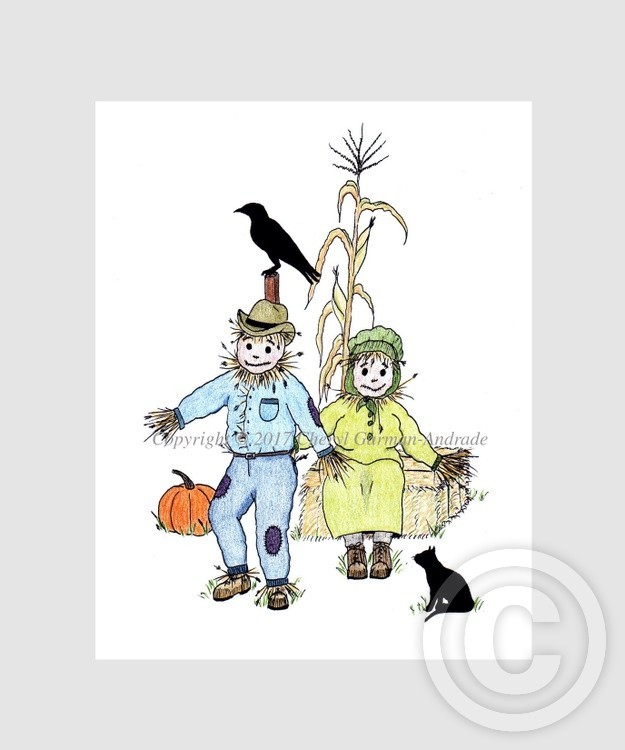Whimsical Autumn Scarecrows Illustration