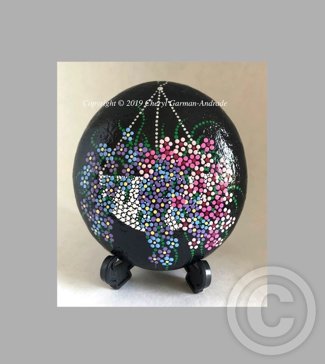Blue, Pink & Purple Hanging Flower Basket Pointillism River Stone 