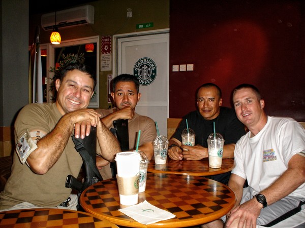 Me on the Left with a M16 at Starbucks...
