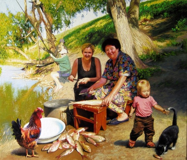 Kagul Moldovan women cleaned the fish near the Pru
