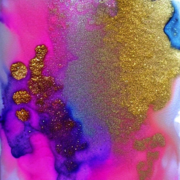 Pink and blue ink with gold glitter